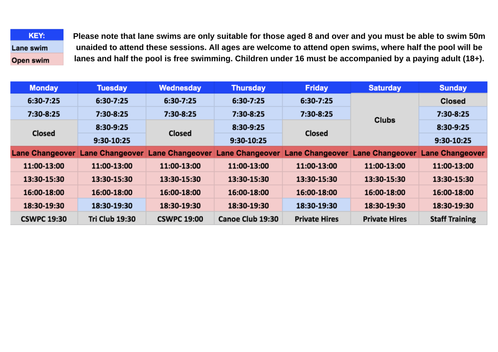 New timetable Lido Pool